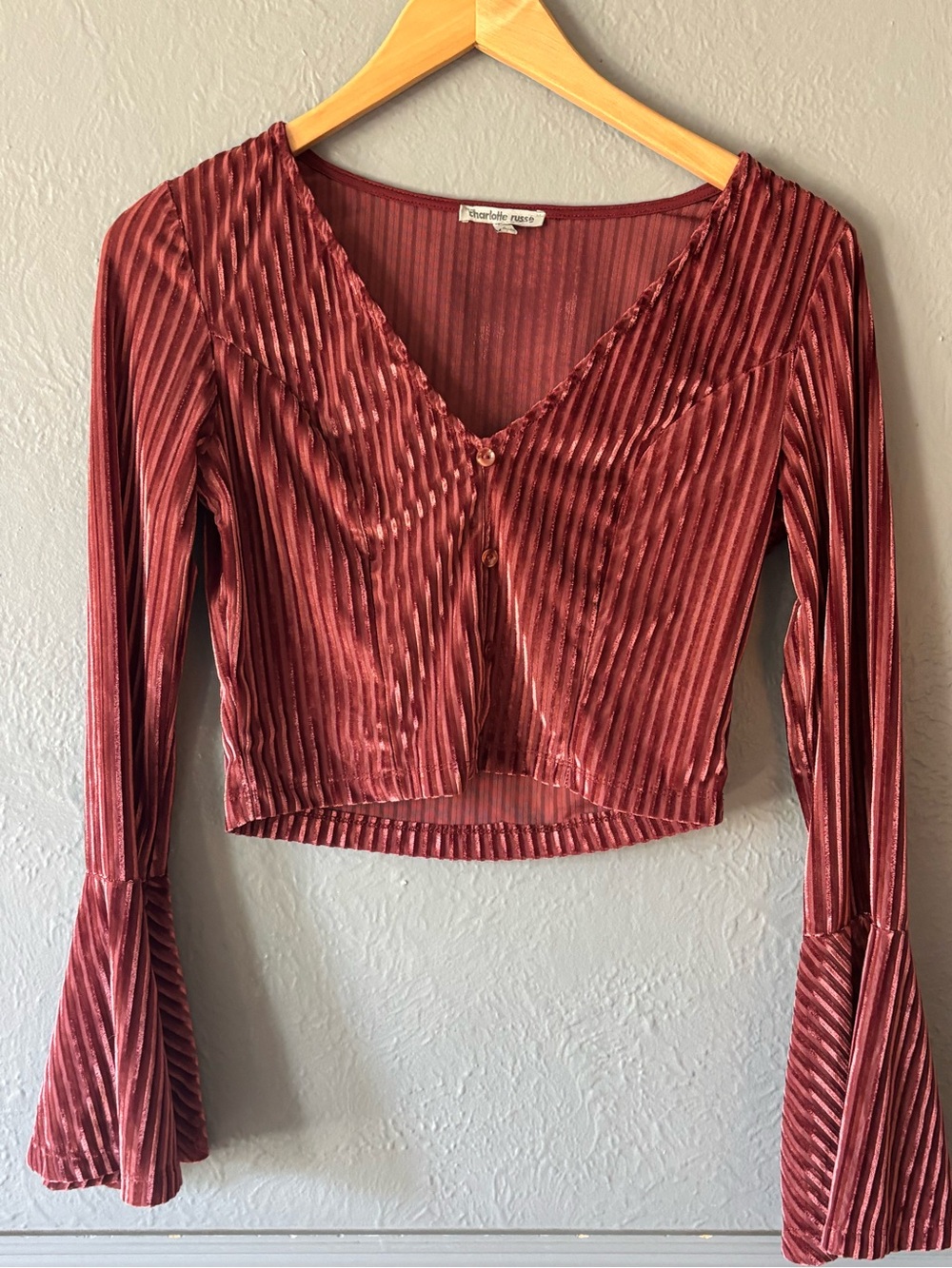 Vintage 90s Charlotte Russe Ribbed Velvet Bell Sleeve Crop Top Small